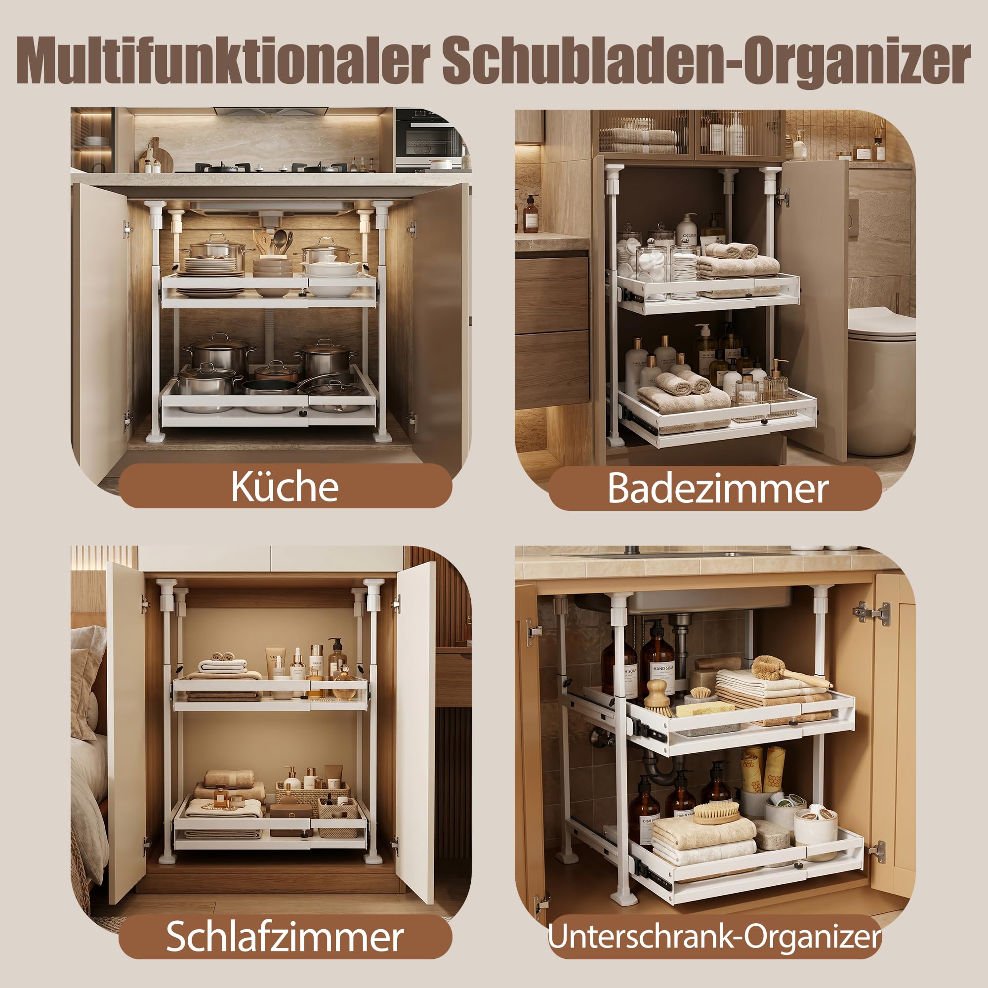 AQRA 2 Stück Teleskopschublade Küche ohne Bohren und Kleben, Auszug Küchenschrank, Höhenverstellbar 52.5–93 cm und Breitenverstellbar 33–52 cm, Metall Ausziehbare Schrankkorb für Küche, Bad, Weiß