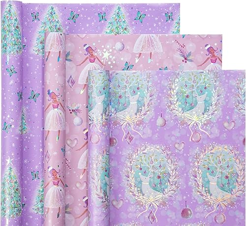 Miniatura 8 de WRAPAHOLIC Rollo de papel de regalo de Navidad, mini rollo, 3 rollos, 17 x 120 pulgadas por rollo, rosa con copos de nieve metálicos plateados, a