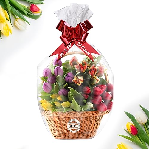 Bolsas de celofán extra grandes (cinta y cesta no incluidas)  30 x 40 pulgadas (12 unidades)  Bolsas de envoltura de cesta transparente, bolsas de