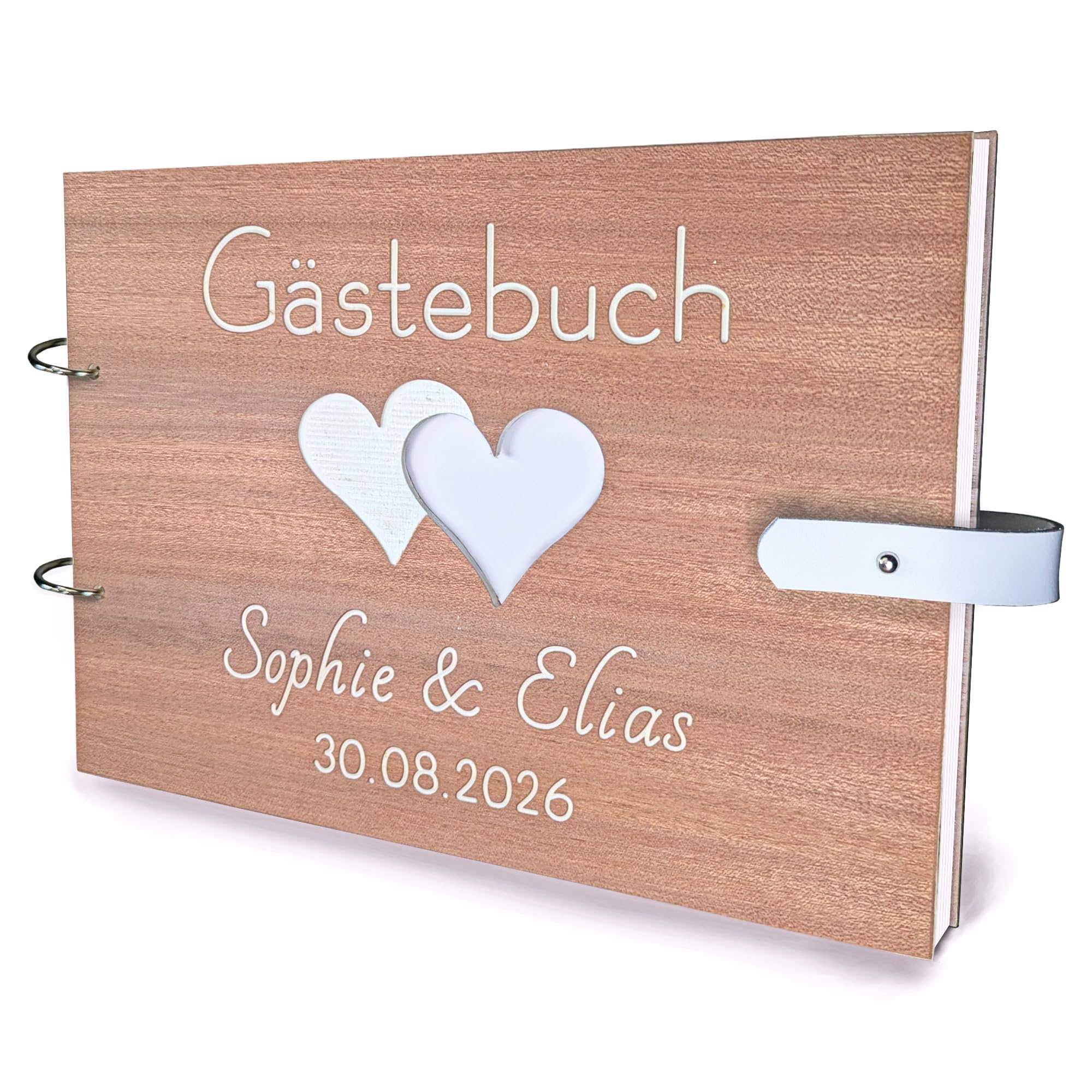 Großes Hochzeitsgästebuch aus Holz mit personalisierter Gravur & Lederverschluss – Edles DIN A4 Hochzeitsbuch mit 100 Seiten Blanko Papier – Personalisiertes Erinnerungsbuch für Fotos