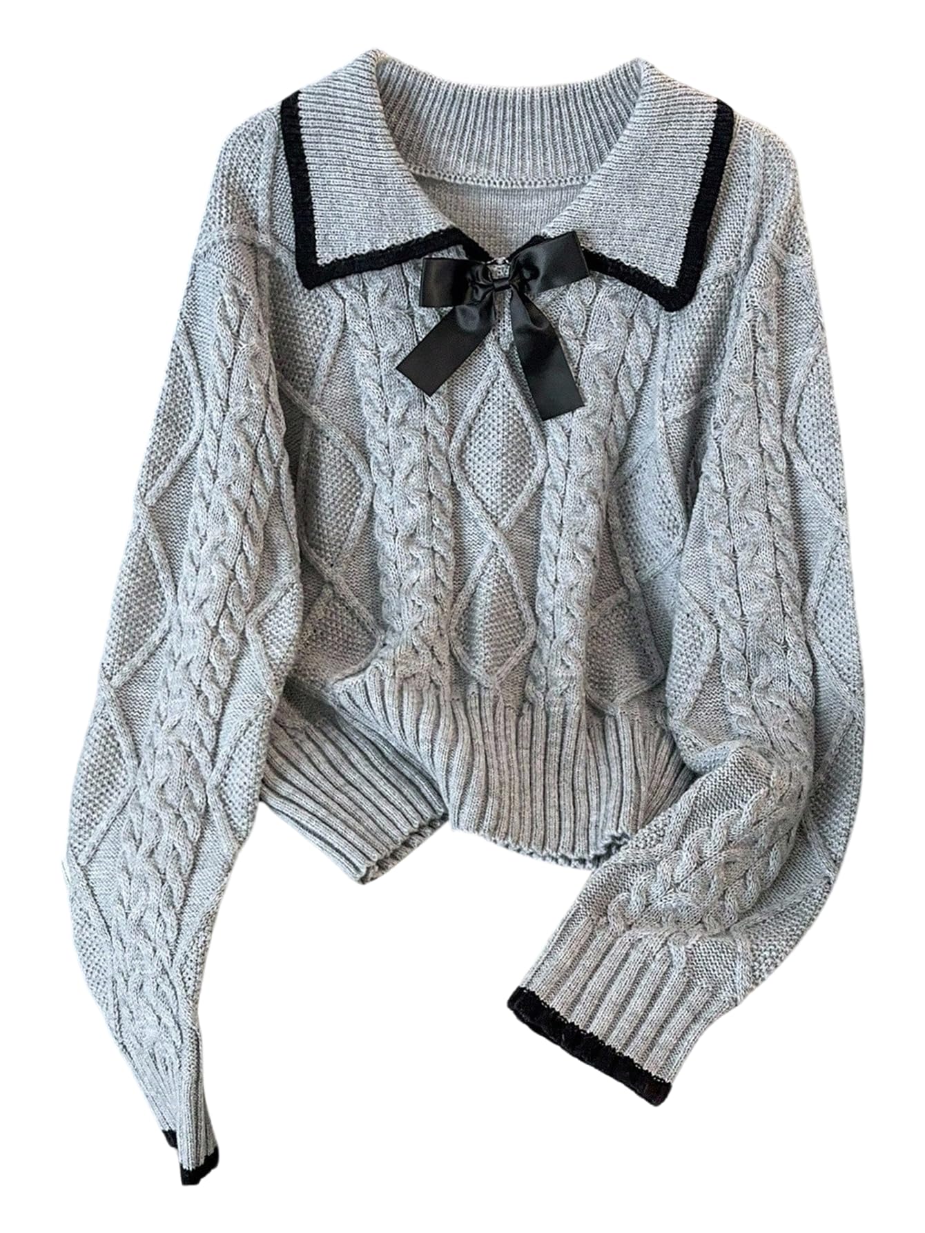 Verdusa Womens Plus Size Cable Knit Sweater Cozy Bow Tops Preppy Knit Pullovers Fall Clothes