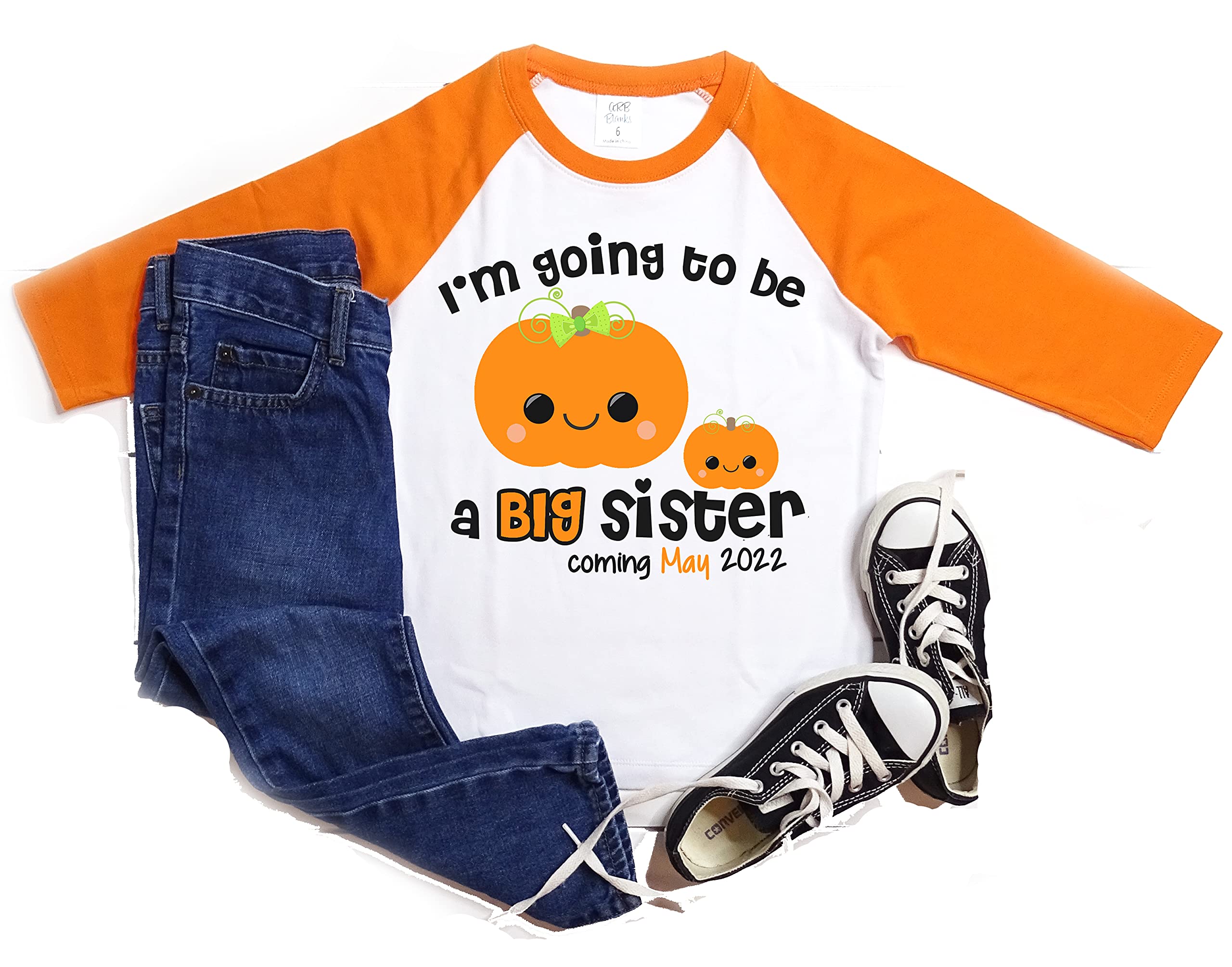 Big Sister Shirt Pumpkin Shirt Personalized Due Date for Fall and Thanksgiving Pregnancy Announcement Orange Raglan Shirt Thanksgiving