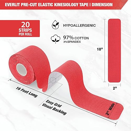 Miniatura 9 de EVERLIT Paquete de 4 Cinta elástica precortada de algodón kinesiología terapéutica deportiva, para aliviar el dolor y apoyo, 80 tiras precortadas de