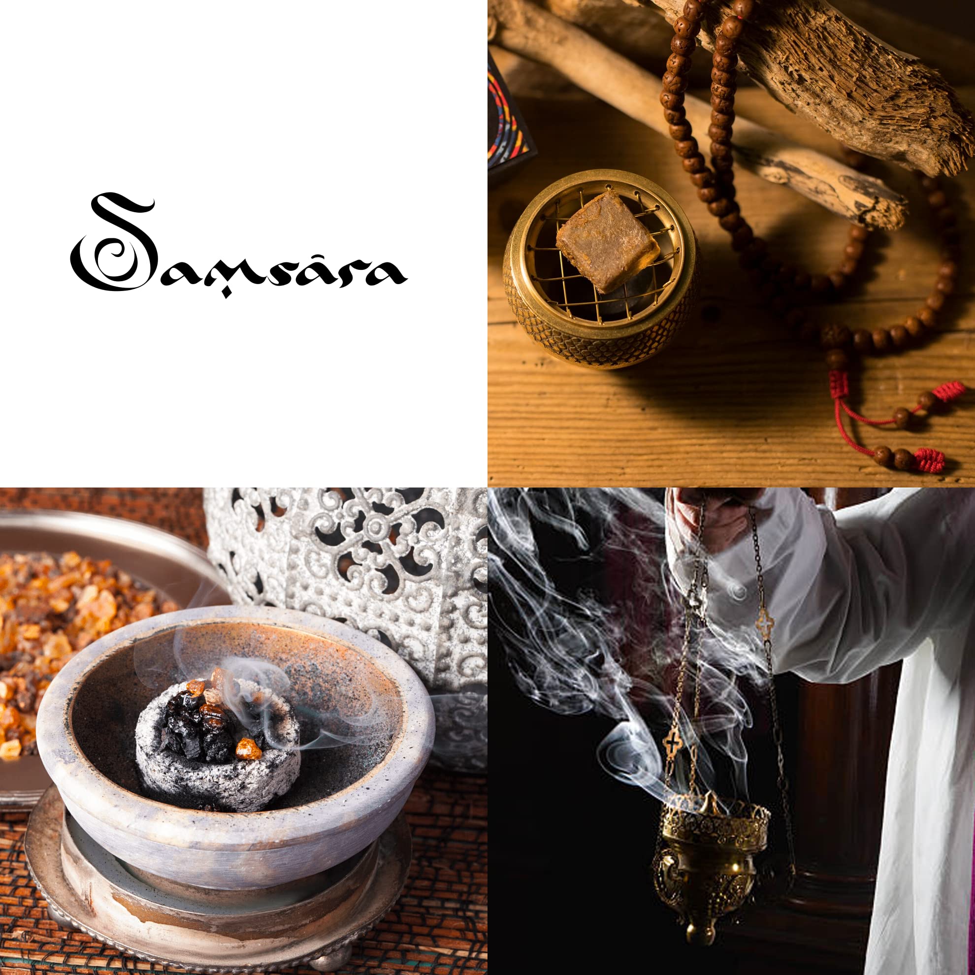Samsara 'ProIncenser' Profi-Räucherstäbchen-Set – 5 Harzsorten & Weihrauch je 15g – Goldsand – Farbvariierender Halter – Holzkohlebriketts