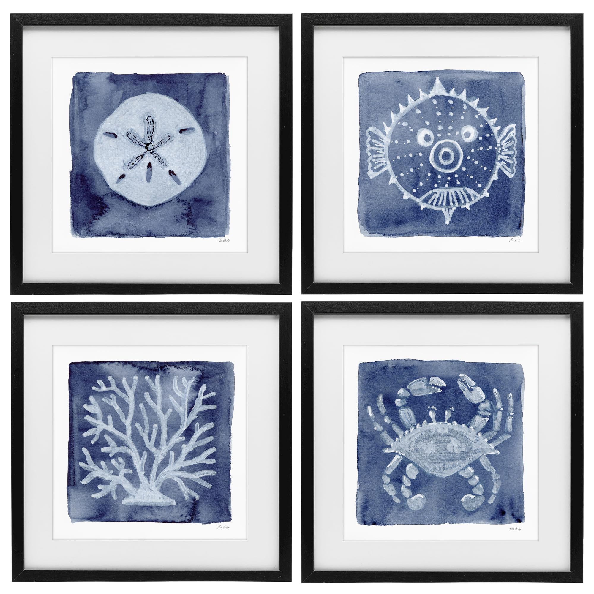 Stupell Industries 'Aquatic Creatures on Indigo', 4pc Framed Print Under Glass Set, Black, 16 x 16 Inches, Easy to Hang and Sturdy, Made in USA, by Patti Bishop