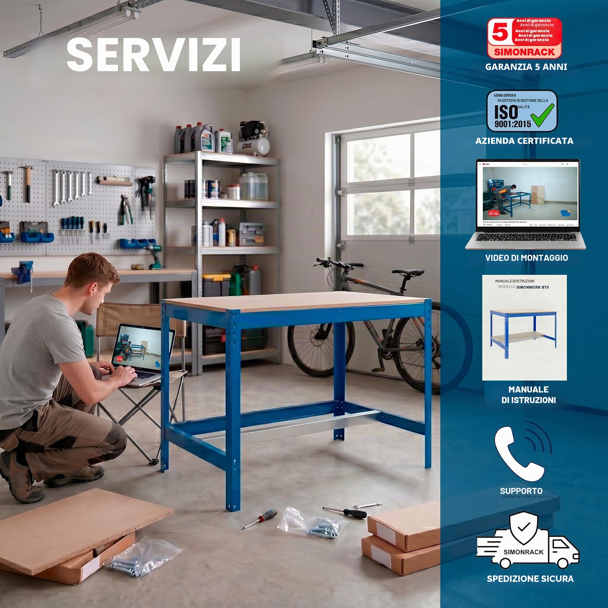 Simon Rack Banco da lavoro per officina, capacità di carico 400 kg, 842x910x610 mm, tavolo da lavoro fai da te, Blu/Legno - BT0