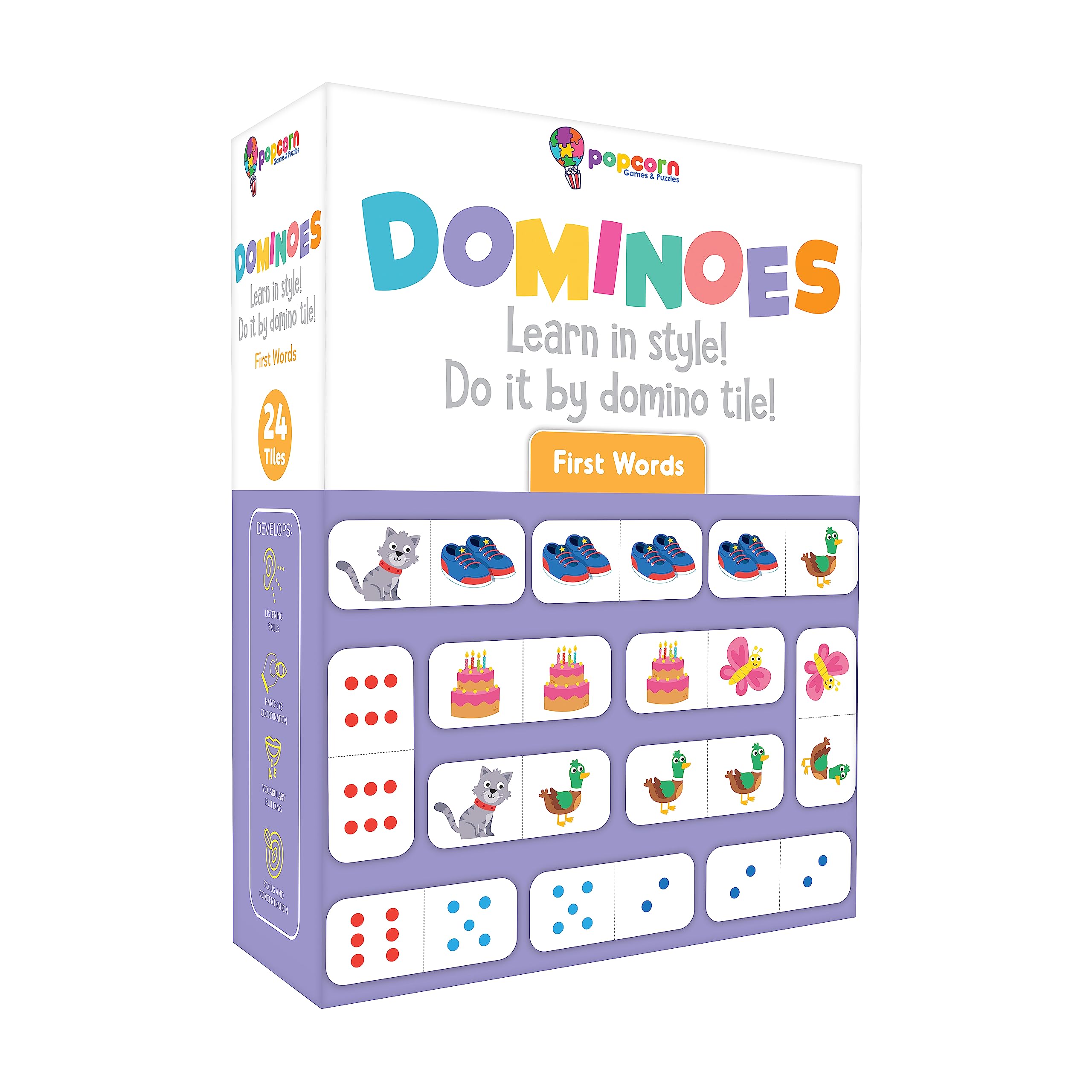 Popcorn Games & Puzzles First Words Dominoes for Kids |24 Tiles Board Dominoes | Help in Focus & Concentration in Child