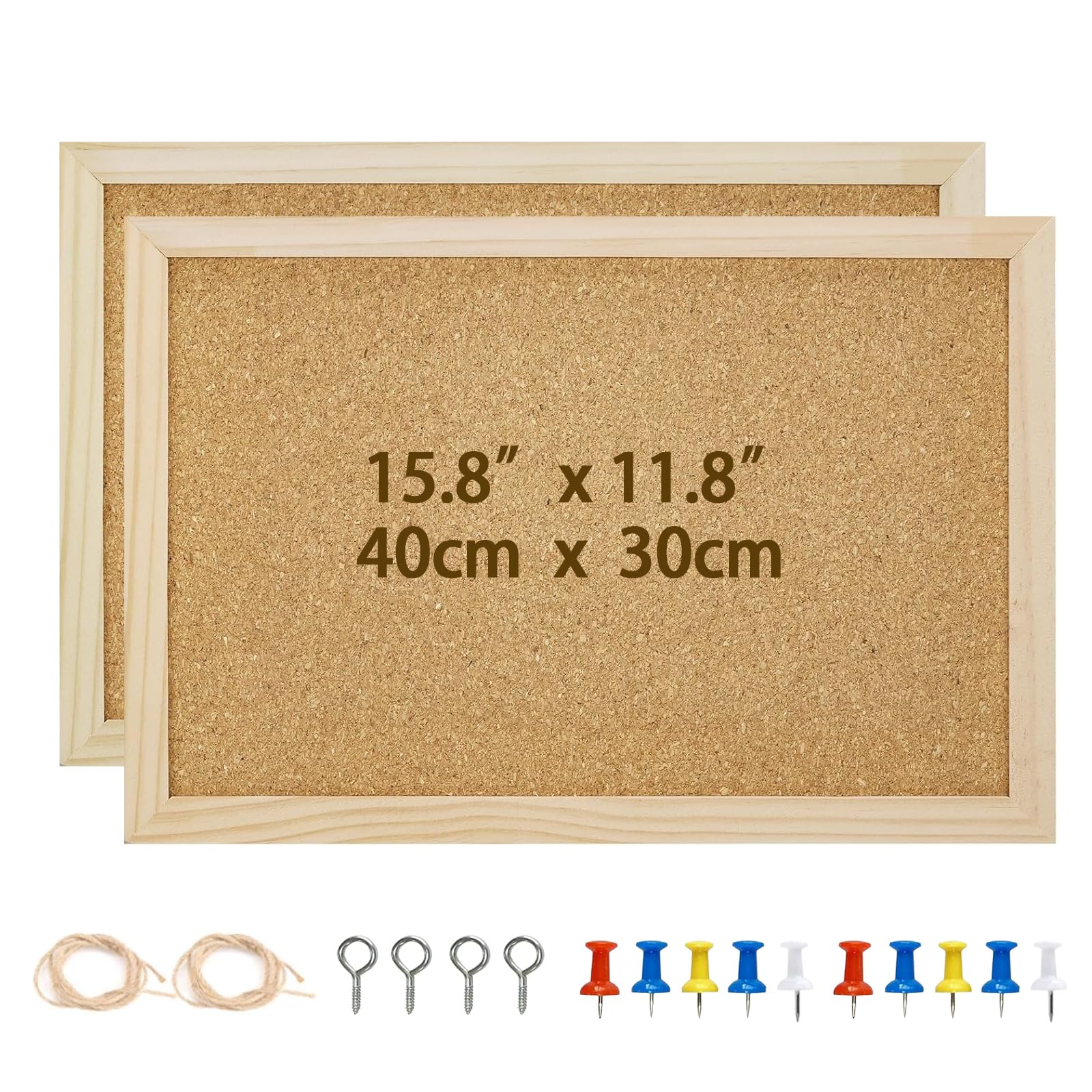2PCS Cork Board, Pin Board 40 x 30cm Notice Board with 10 Pushpins and Two Set of Hanging Rings Corkboards Wooden Natural Memo Board for Home Office and Kitchen