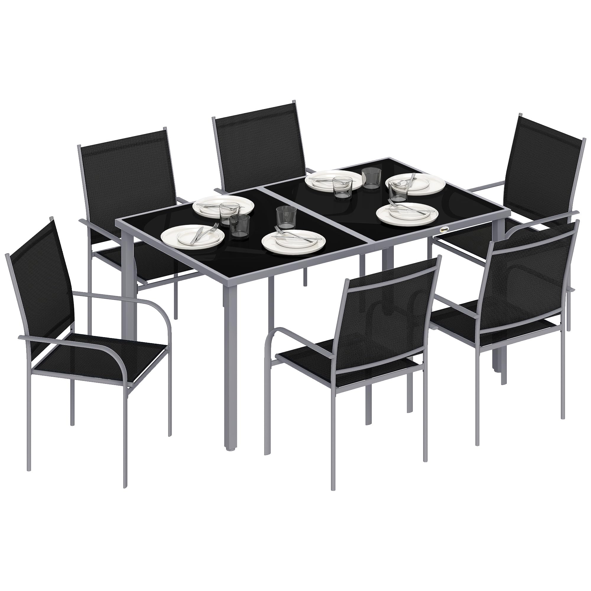 Outsunny 7 Piece Garden Dining Set, Outdoor Table and 6 Stackable Chairs, Steel Frame, Tempered Glass Top Table, Mesh Seats, Black