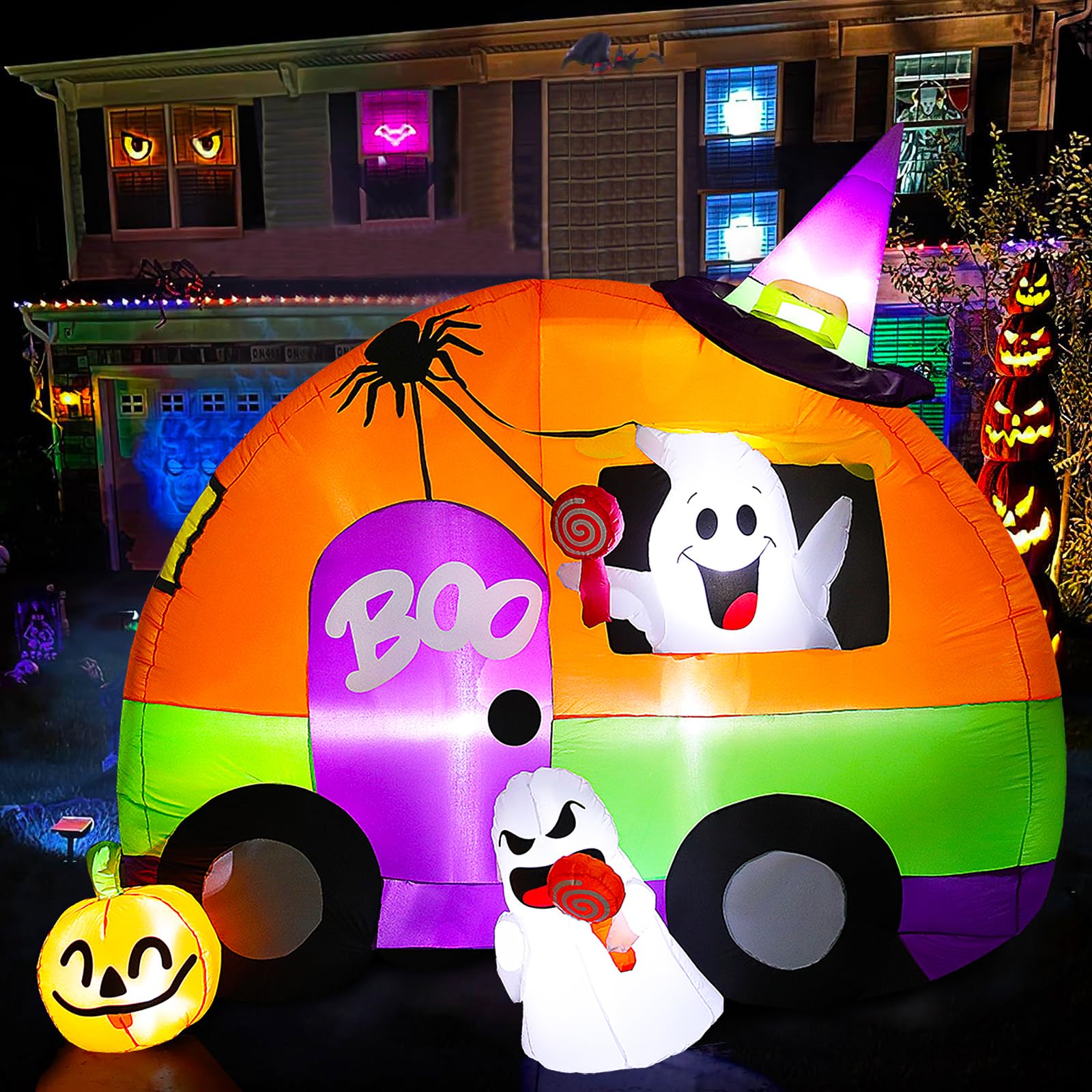 Halloween Inflatable Yard Decorations, 6Ft Tall Blow Up Ghost Bus with Spider, Pumpkin, Witch Hat, Light Up Holiday Inflatables Decorations for Indoor Outdoor, Party, Garden, Lawn (Ghost Bus)