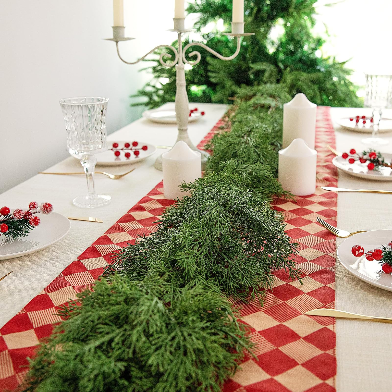 Faux Cedar Pine Garland, Garlands For Home Decoration Christmas, Christmas Garland Decorations, Norfolk Pine Garland, Prelit Christmas Cedar Garland For Stairs, Dining Table, Fireplace (1pc)