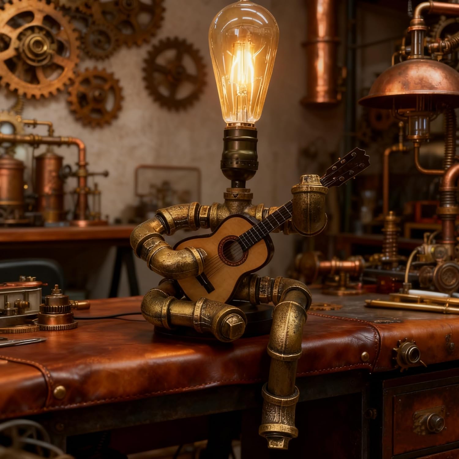 Pipe-Man Guitar-Playing Steampunk Lamp with Edison Bulb, Vintage Industrial Decor Table/Desk Lamp, Unique Handmade Gift for Music Lovers (American Style)