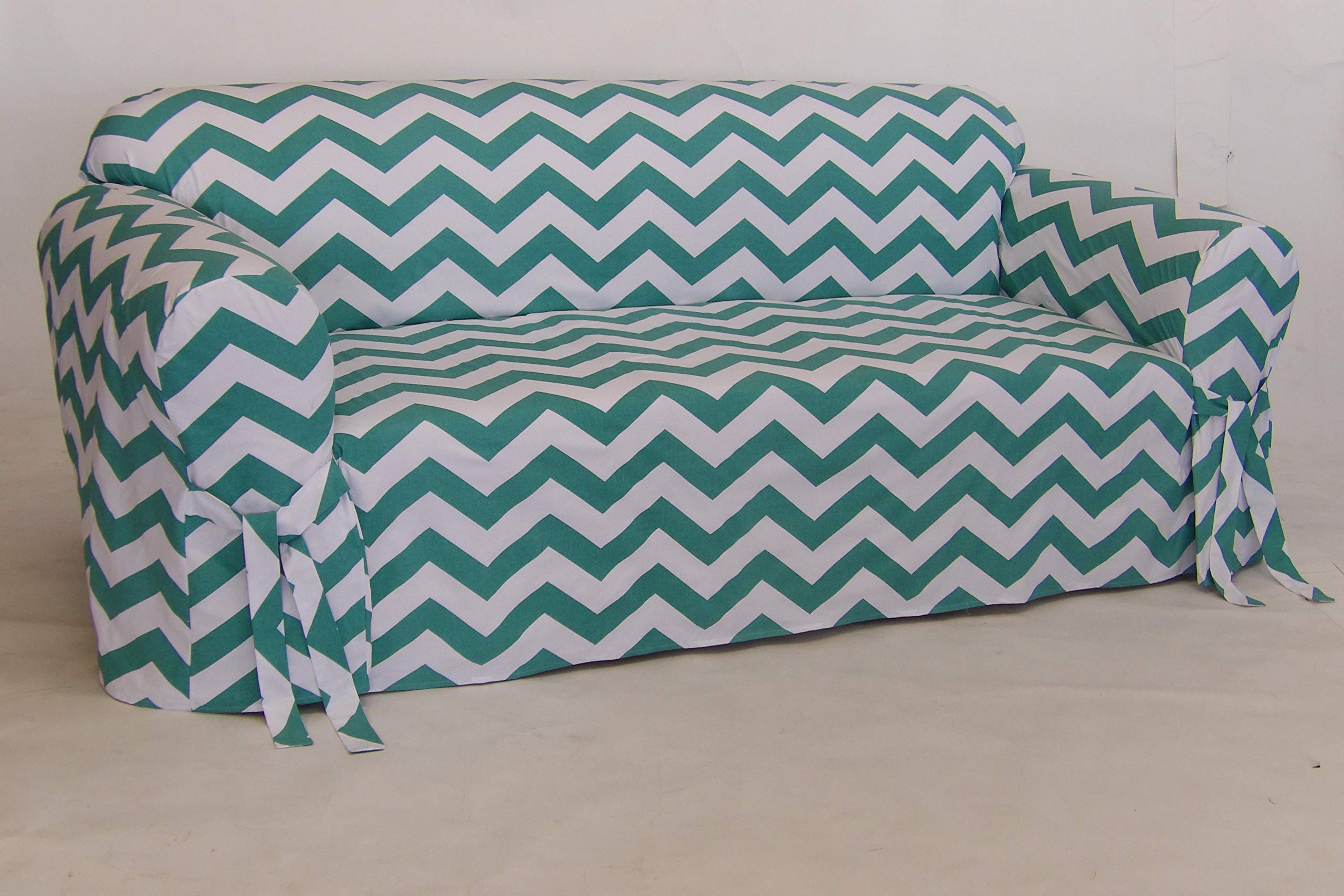 Classic SlipcoversCHEV10JADWHT sofa slipcover, one piece, chevron, jade/white