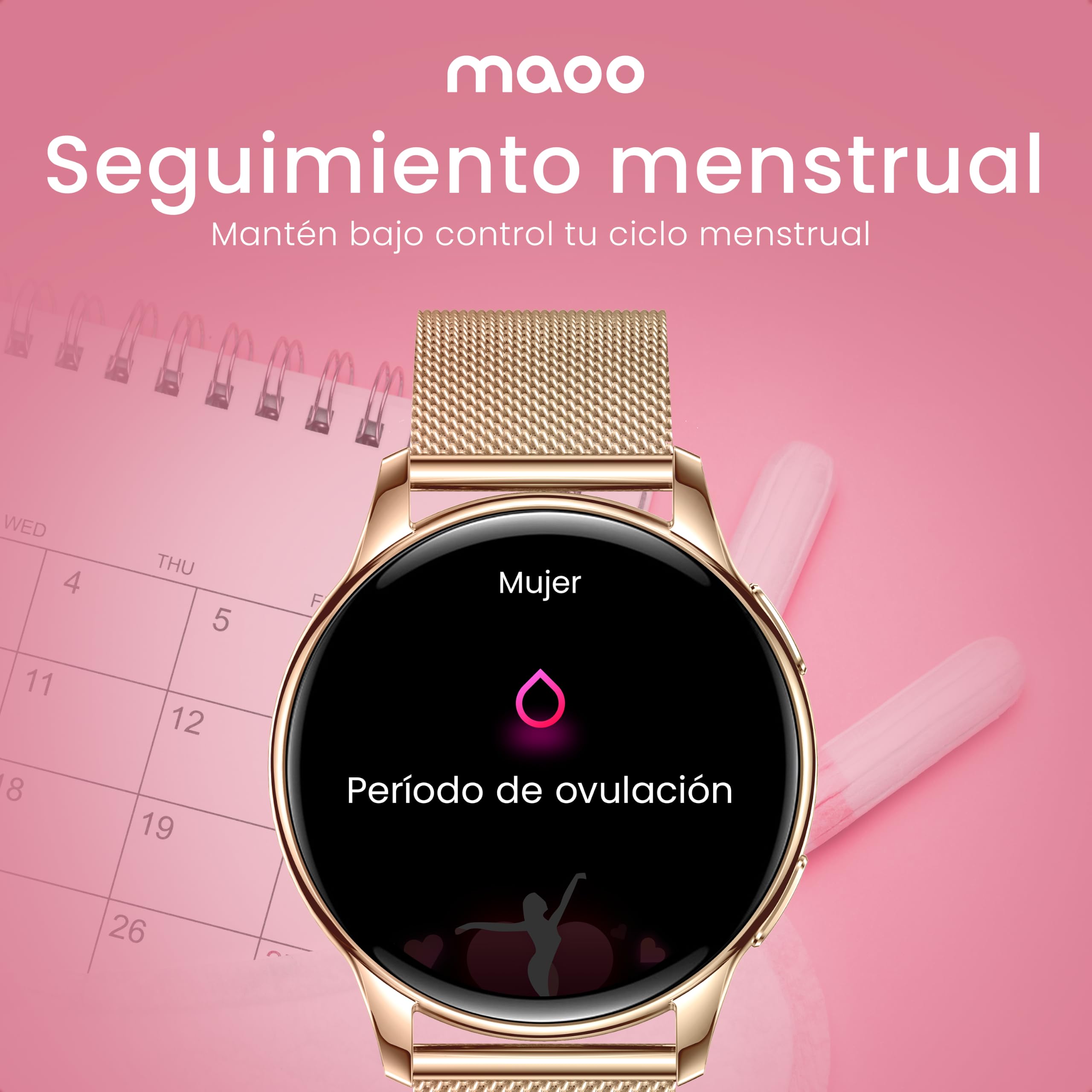 maoo Reloj inteligente Ventura para Mujer con función de llamada, pantalla AMOLED de 1,32 Pulgadas, cardiofrecuenciómetro, SPO₂, tensiómetro, más de 100 modos deportivos, resistente al agua IP67