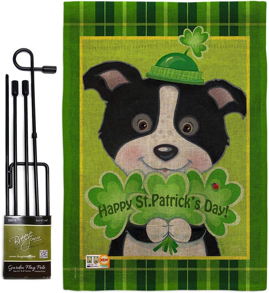 St. Pat's Puppy Garden Flag - Set with Stand Spring St Patrick Shamrock Leprechaun Lucky Coin Holiday March Irish Clover - House Decoration Banner Small Yard Gift Double-Sided Made In USA 13 X 18.5