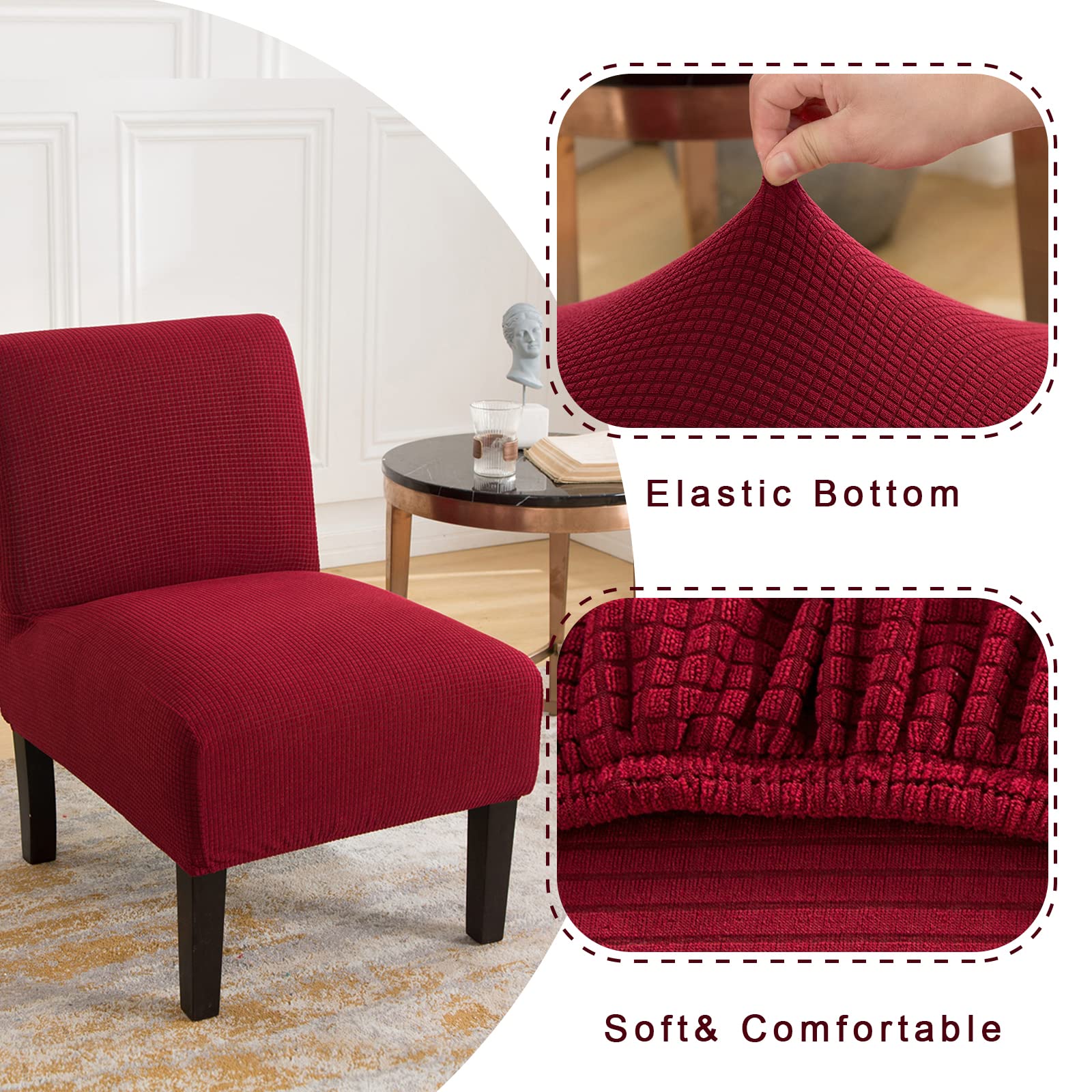 GULI Armless Chair Slipcover, Stretch Velvet Accent Cover for Dining Chair, Removable Wingback Slipcover and Washable Furniture Protector slipcovers Wide Back Chairs (Knitting-Wine Red)