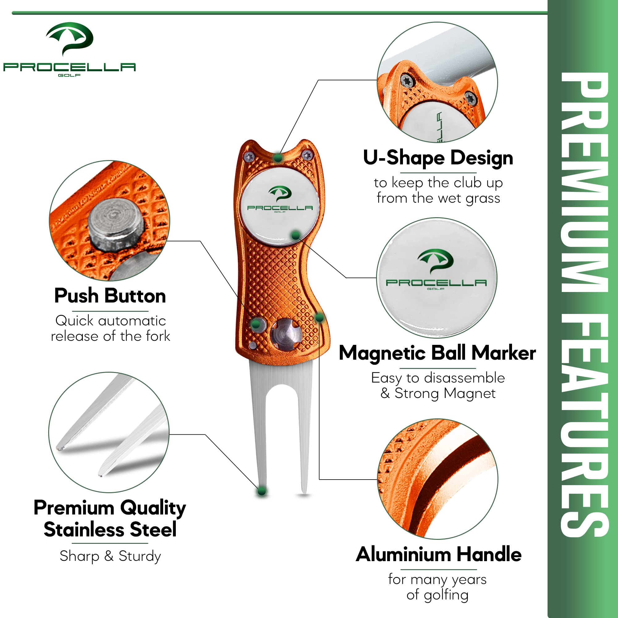 Procella Strumento di Riparazione Divot da Golf in Metallo Massiccio con Clip per Cappello