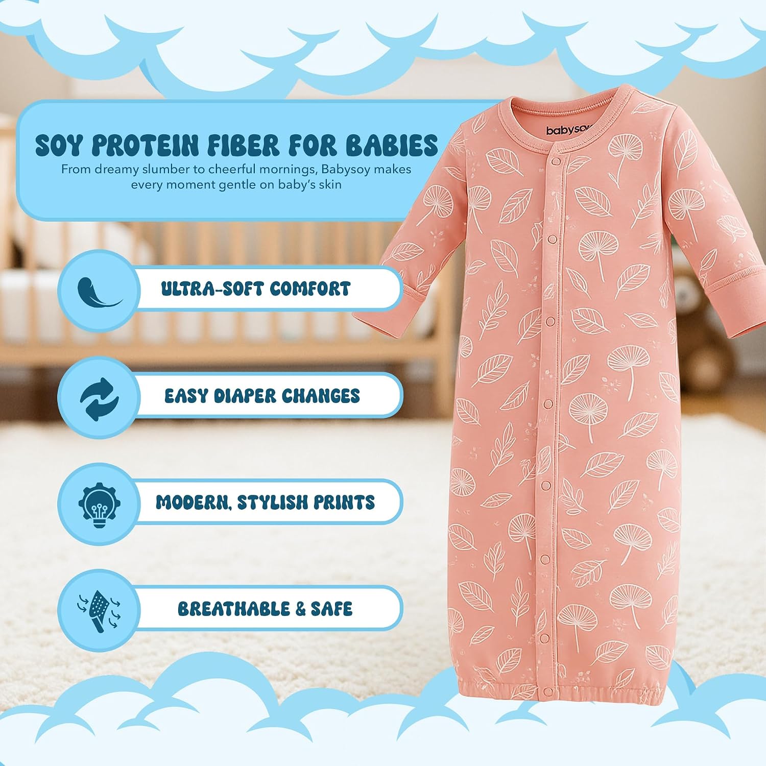 Babysoy Unisex Baby Long Sleeve Gown Sleep Sack, Ultra Soft Nightgown, Newborn Reversible Mittens