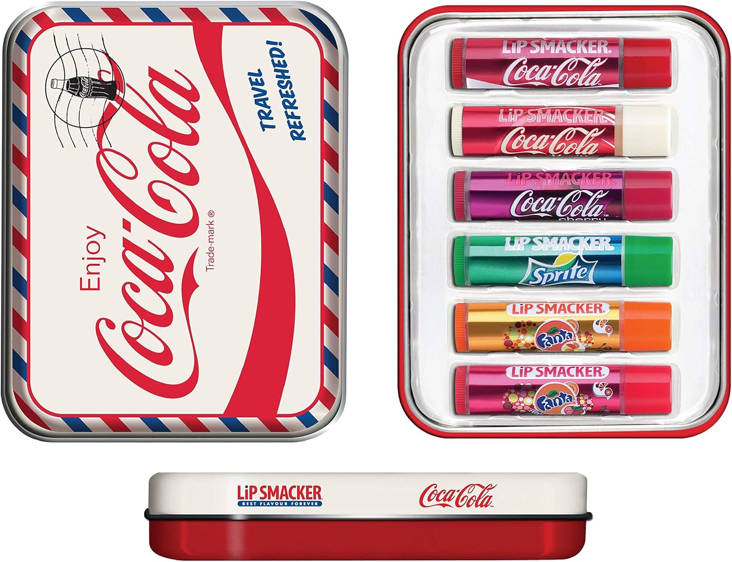 Lip Smacker Caja de regalo de Coca Cola con 6 lápices labiales en diferentes sabores + antifaz para dormir