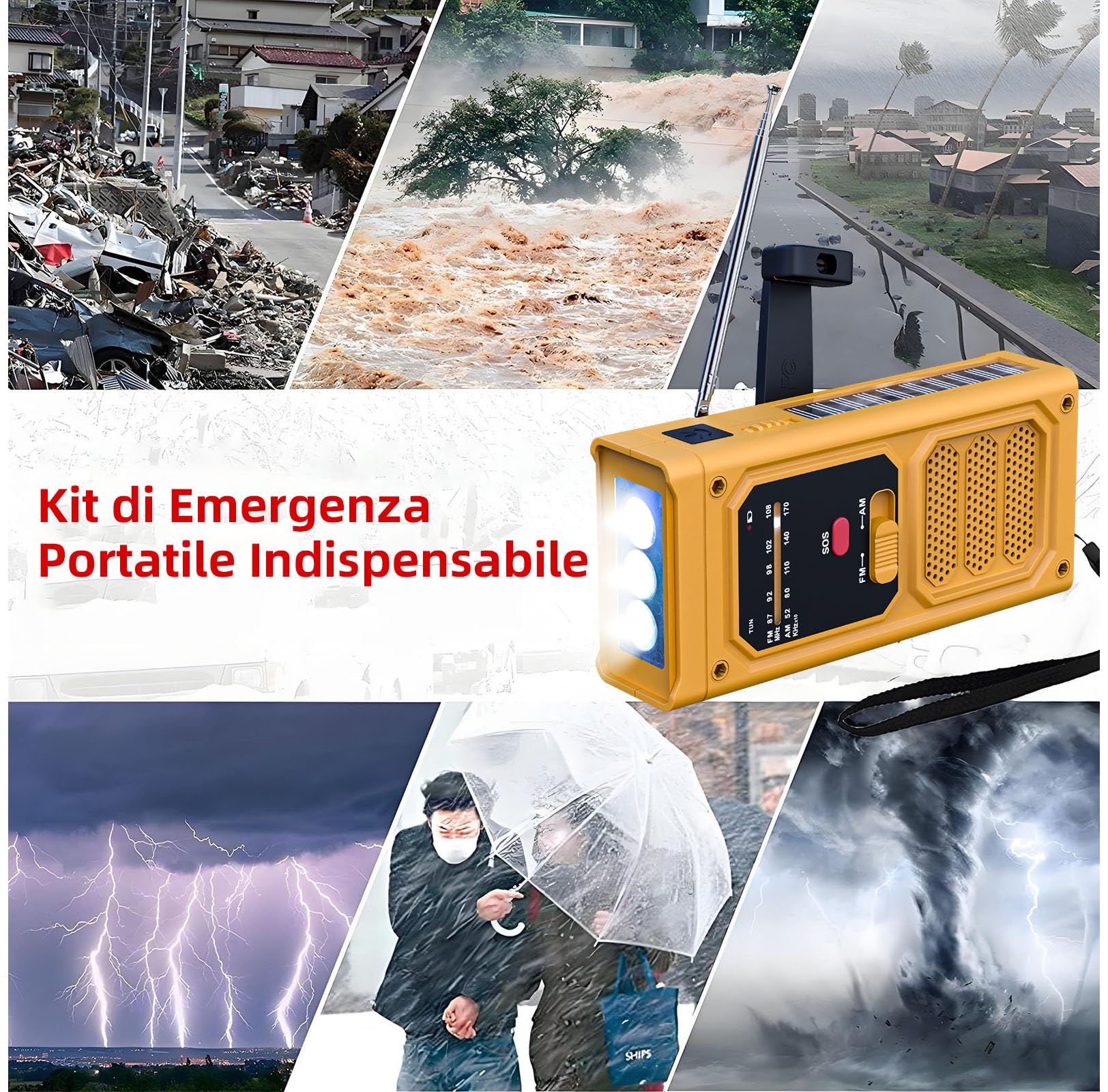 Radio Solaire d’Urgence, Radio à Manivelle avec Lampe Torche LED, Alarme SOS, Recharge par USB/Solaire/Manivelle, Radio AM/FM avec Batterie de 2000mAh pour Camping Randonnée Survie, Orange