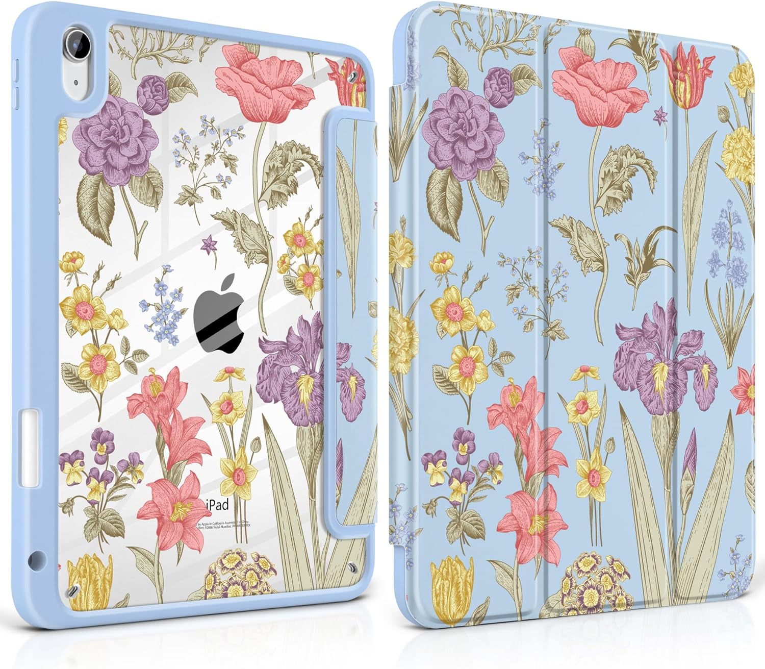 DONGKE Case for iPad (A16) 11th Generation 11 inch 2025 & iPad 10th Gen 10.9 inch 2022, [Built-in Pencil Holder] Clear Acrylic Back Trifold Stand Smart Cover, Auto Sleep/Wake, Blue Botanical Floral