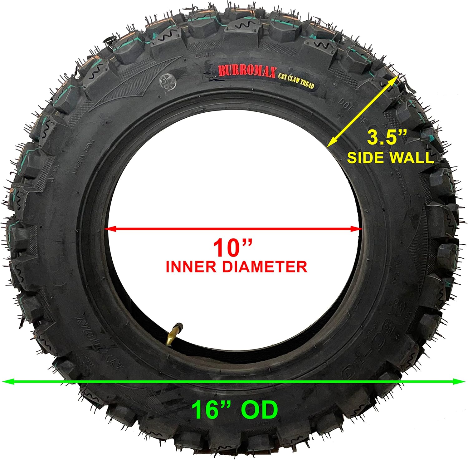 Burromax Cat Claw Off-Road Tire 3.5x10 (3-1/2"x10") & Inner Tube, fits 10" wheel rim, for TT1600R, Electric Mini Bikes, Electric Dirt Bikes, Part #10179