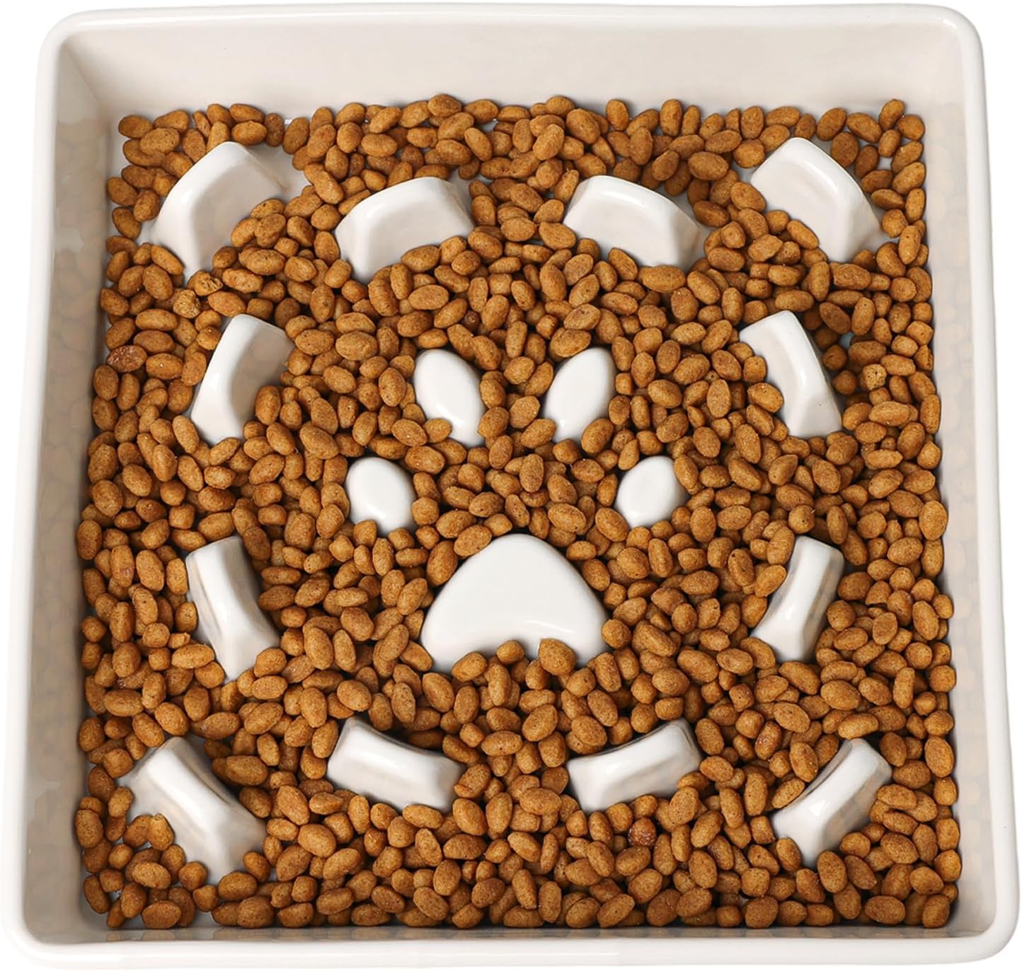 GDCZ Dog Slow Feeder Bowls, Square Ceramic Pet Food Bowl for Medium Breed, Fun Dog Bowls to Slow Down Eating (White, M-1.8 Cups)