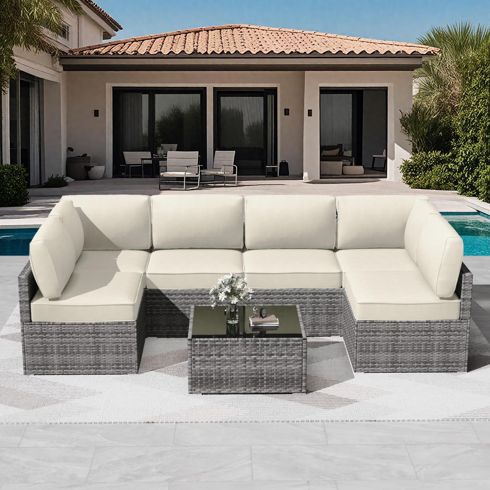 patio cushions for outdoor furniture,water-resistant outdoor cushions for 6 seat outdoor sectinal,25.3"×25.3" deep seat sofa cushions, 14-piece outdoor couch cushions,cream white