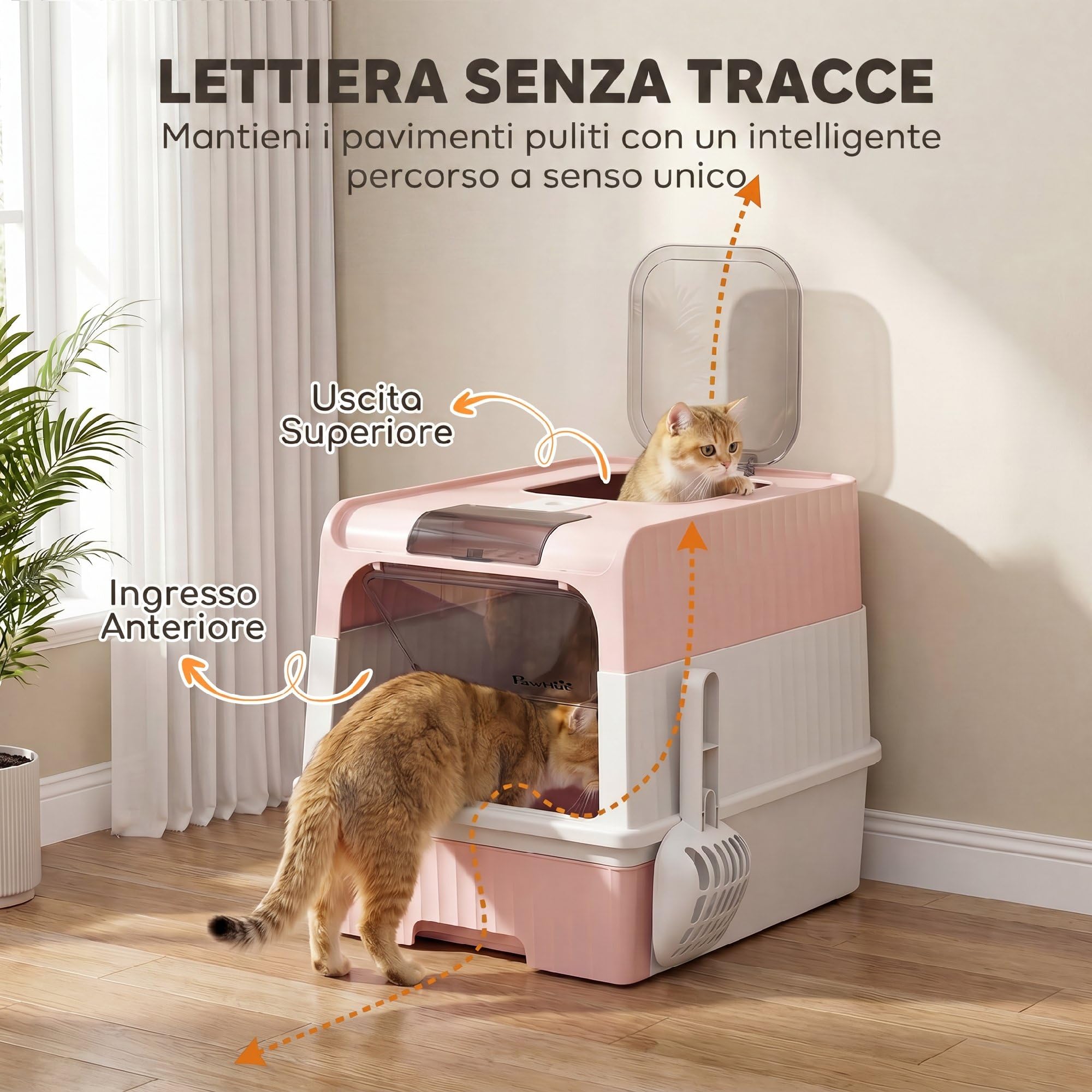 PawHut Litière Chat avec Couvercle, tiroir amov., Pelle, intimité, Rose