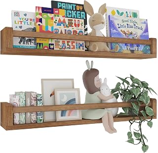 Heimlove Floating Shelves, Rustic Natural Solid Wood Wall Nursery Shelves - Book Shelves for Kids Room, Bedroom, Kitchen, Living Decor (Carbonized, 32inch - 2P)
