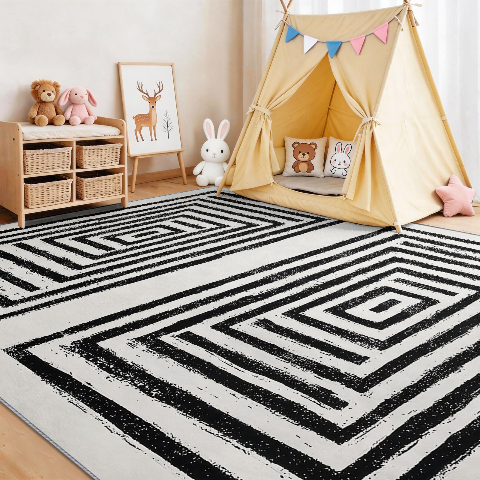 Minimalistisch Modern Kinderteppich Geometrie Konzentrische Quadrate Dicke Linien, 180 x 240 cm | waschbar Pflegeleicht rutschfest strapazierfähig hautsympathisch, Schlafzimmer Wohnzimmer Esszimmer