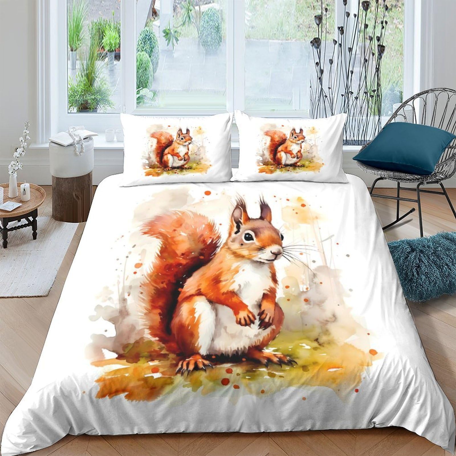 Ctjqhvkz Style-8 3D Printed Watercolour Squirrel Fitted Sheet Microfiber Soft Animal Forest Bed Cover For Bedroom Dorm Mattress Decor Single（135X200cm）
