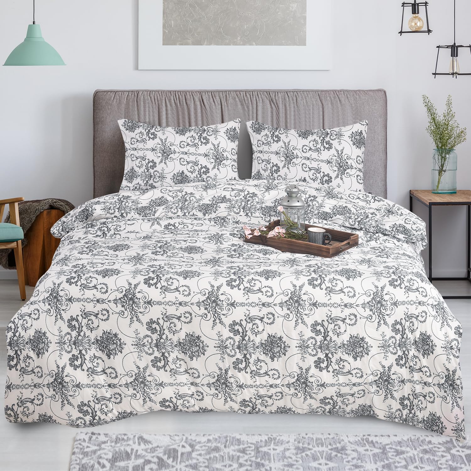 CHARKHAH 4 Piece Reversible Printed Bedding Set Includes 1 Duvet Cover, 1 Deep Fitted Sheet & 2 Pillowcases – Soft Microfibre Easy Care Quilt Cover Set for All Seasons (Vintage White, Single) — image 1