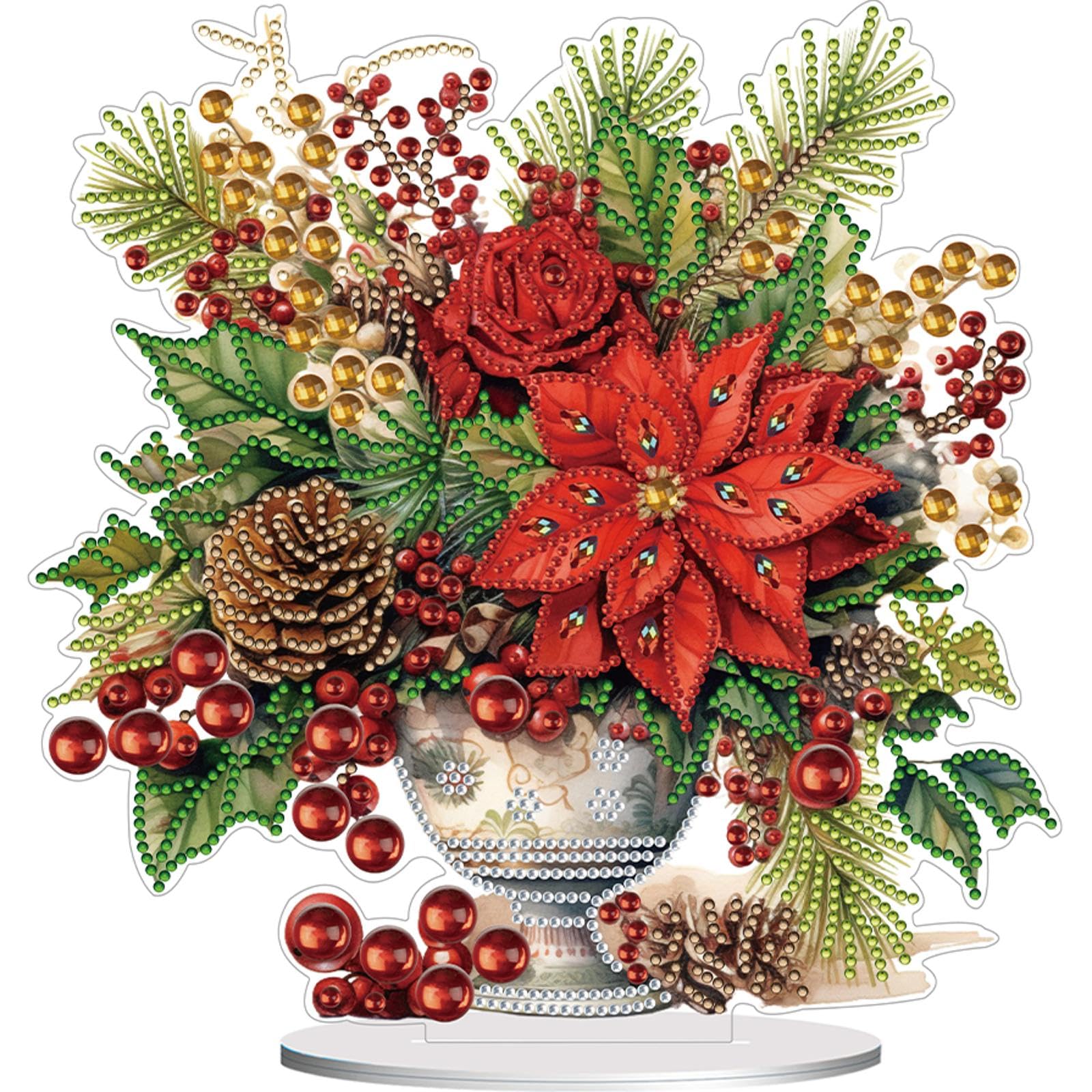 DIY Diamond Art Desktop & Tabletop Ornament with Stand,Crystal Special Shaped 5D Diamond Art Kit for Adults - Home Office Desk Decor, Relaxing Craft Gift Idea(Christmas Flower)