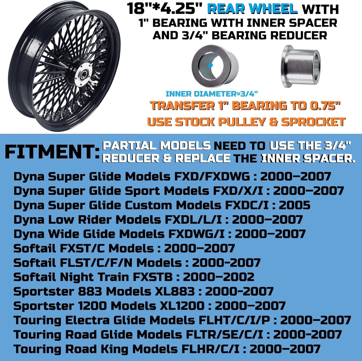 FatFlex 18"x4.25" Black Fat Spoke Rear Wheel for Harley Touring/Softail/Dyna/Sportster –Black Rim w/Dual Bearings, Stainless Steel 3/8'' Solid Spokes for Durable Lasting-18425R-1SM-BBB