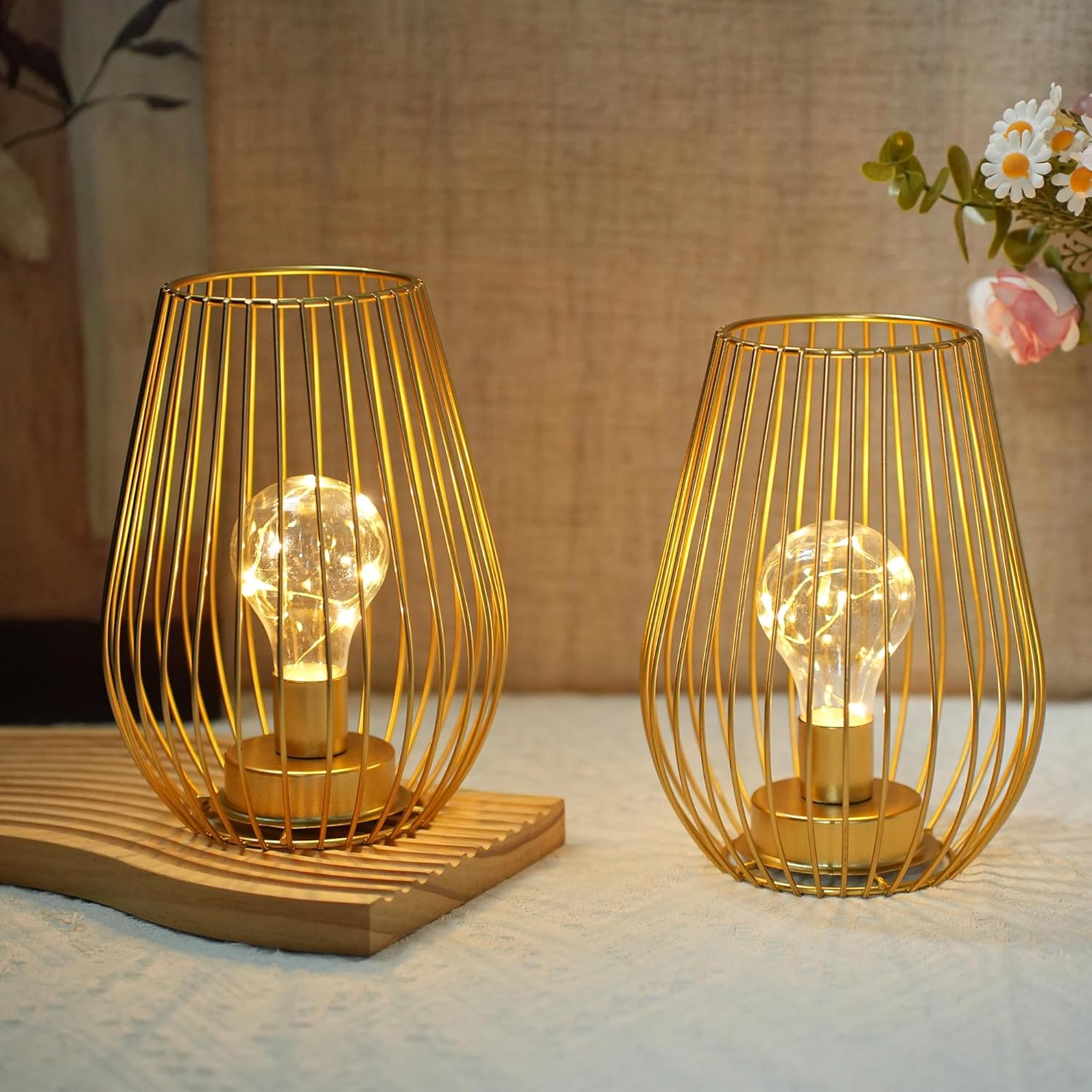 TRIROCKS Metal Cordless Table Lamp - 8'' Tall Set of 2 Cage Shape Battery Operated Lamp with Fairy Lights Bulb for Indoor/Outdoor Use Perfect for Christmas Garden and Weddings (Gold,Set of 2)