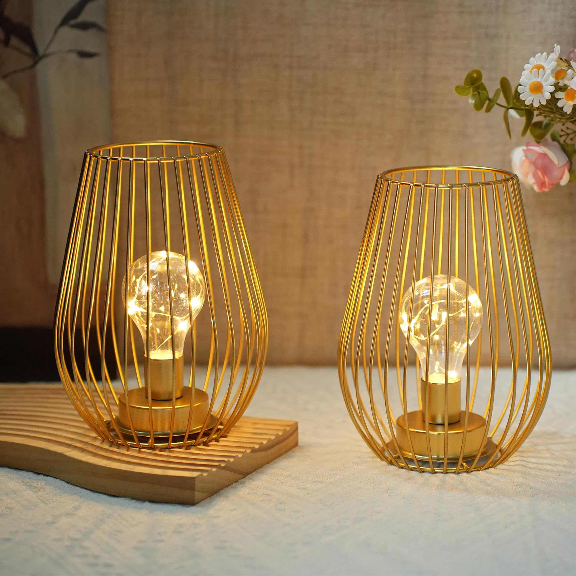 TRIROCKS Set di 2 lampade da tavolo senza fili in metallo, altezza 20 cm, a forma di gabbia, alimentate a batteria, per interni ed esterni, per Natale, giardino e matrimoni (oro)