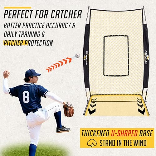 Miniatura 3 de PodiuMax Pantalla de lanzamiento de béisbol I de 7 x 4 pies, zona de golpe ajustable, red de sóftbol con base en forma de U mejorada, pantalla de