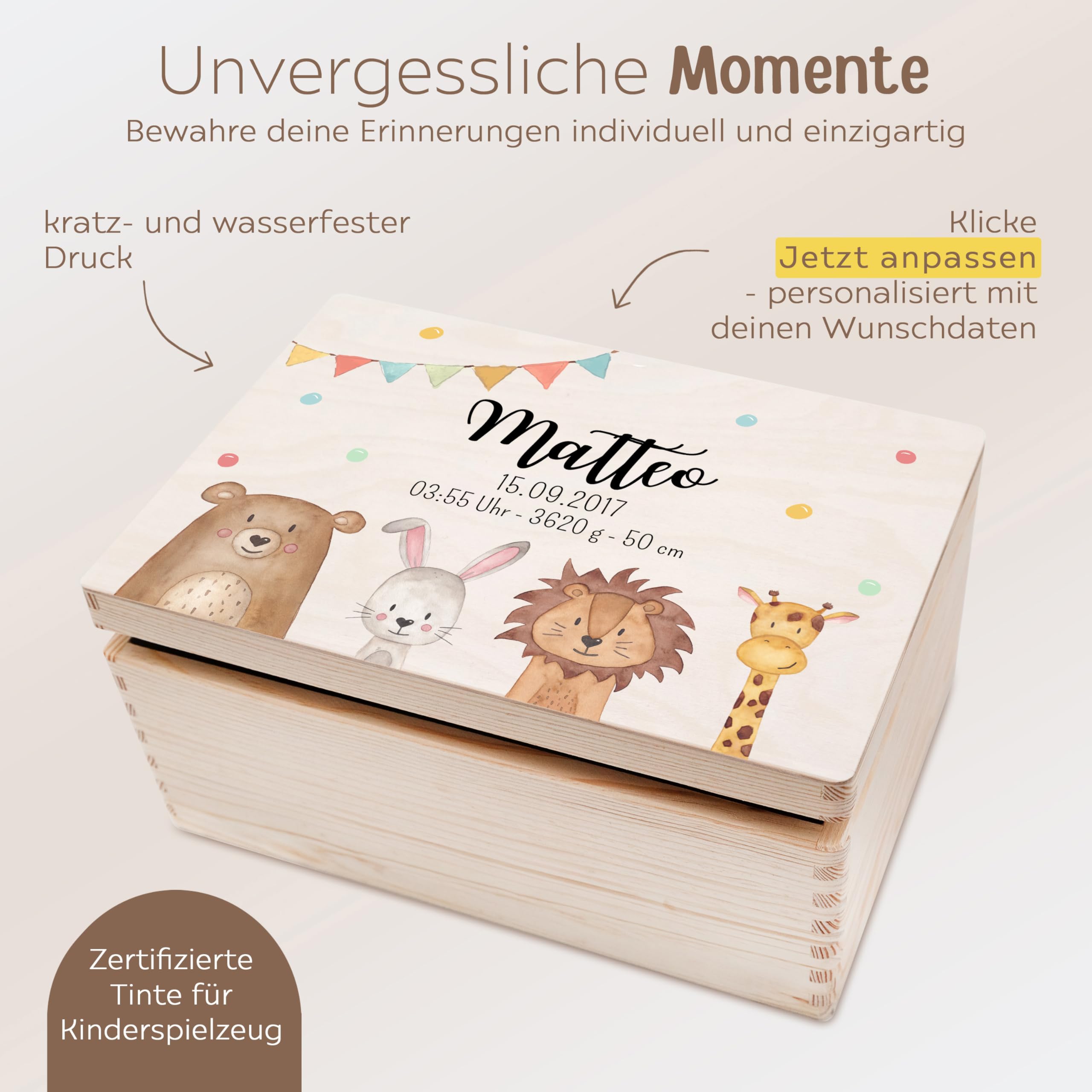 wunderwunsch - Personalisierte Erinnerungsbox Taufe mit Hochwertigem UV-Farbdruck - Geschenke Baby - Niedliche Erinnerungskiste aus Holz - Geschenk Taufe (Tiere unten Girlande, M flach-Klappdeckel)