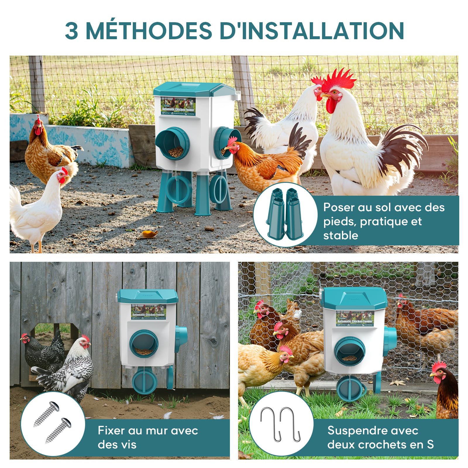 CHAMUTY 7kg Mangeoire Poule Automatique avec sans Gaspillage 2 Ports, Mangeoire Automatique Poule pour Poulets, Canards, Oies, Oiseaux
