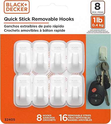BLACK+DECKER Ganchos de pared sólidos, adhesivo de adherencia rápida, extraíble, 8 ganchos de pared, 16 tiras adhesivas, colgar decoraciones sin