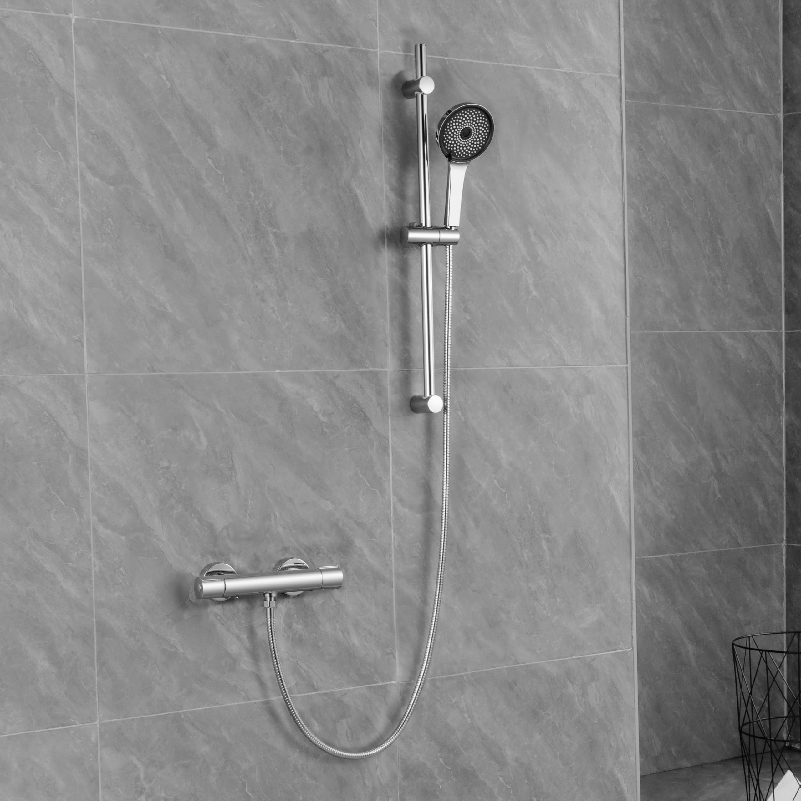 Auralum Colonna Doccia con Miscelatore Termostatico, Saliscendi Doccia 70cm con Doccetta 5 Geti, Asta Doccia con Soffione e Doccetta, Saliscendi Doccia Acciaio Inox con Tubo Flessibile 1,5m, Cromo
