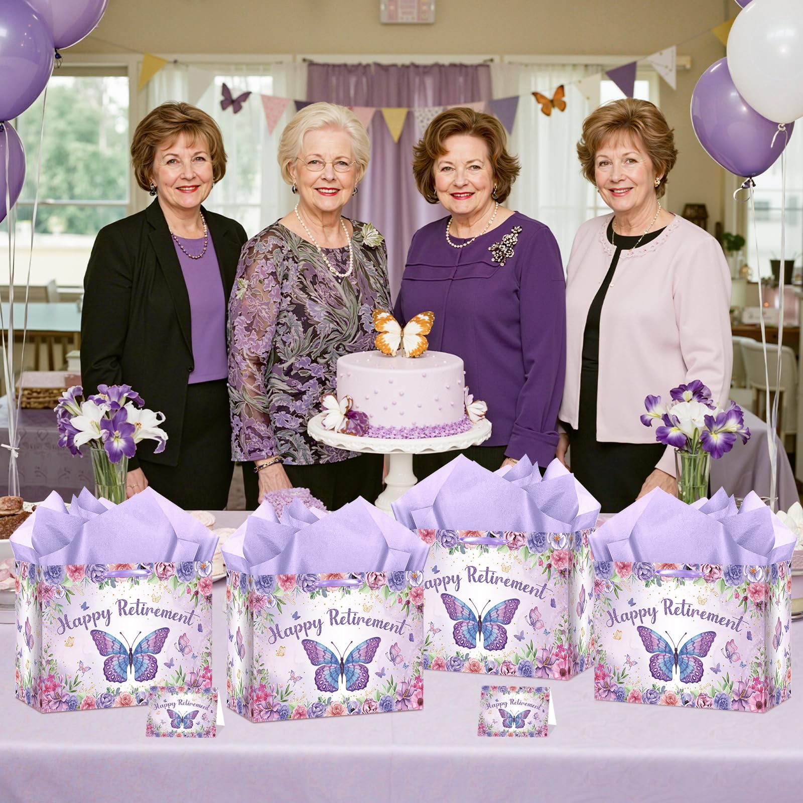 Purple Retirement Gift Bag for Women Butterfly Retirement Wrapping Paper Bag with Tissue Paper and Card Retired Gifts for Women Purple Retired Decorations Supplies for Going Away Farewell Party