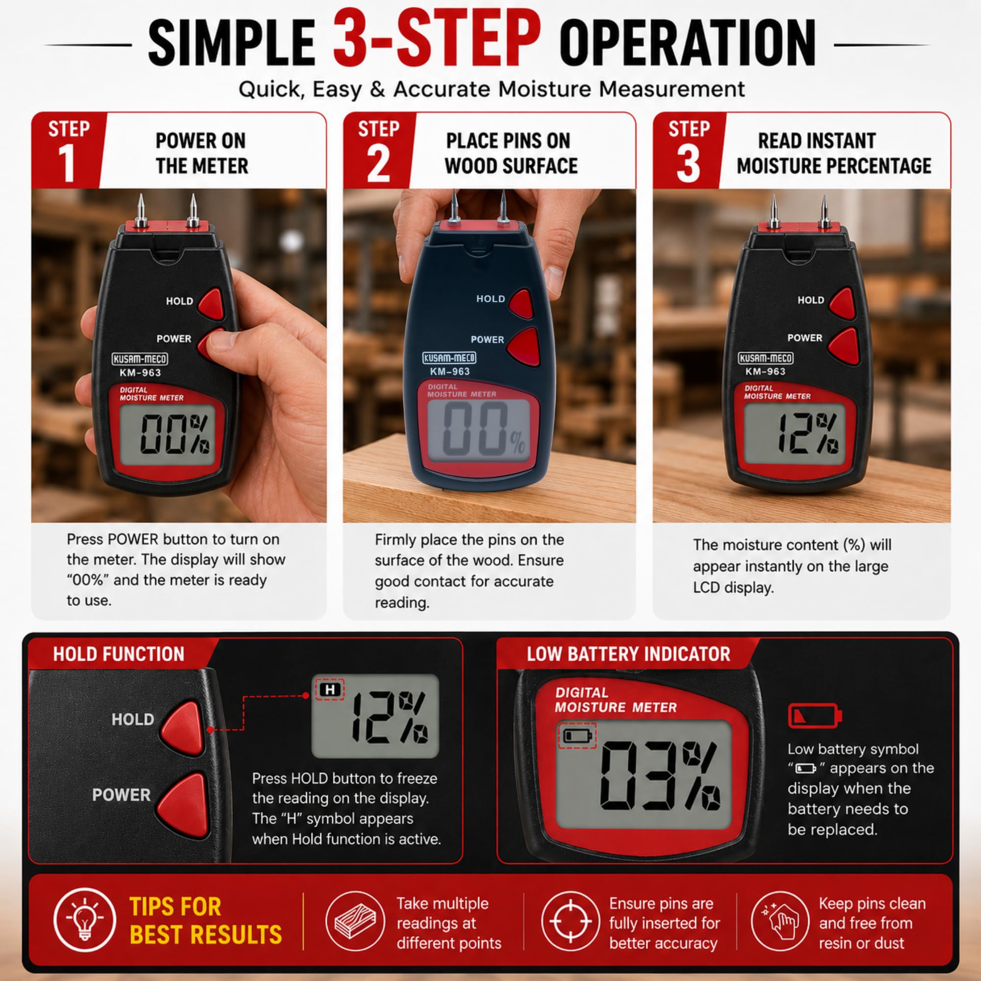 Kusam Meco KM 963 Digital Wood Moisture Meter with 1 Year Warranty | 5% to 40% Test Range | LCD Display | High Accuracy Moisture Tester for Wood Bamboo Plywood Veneer Timber 1
