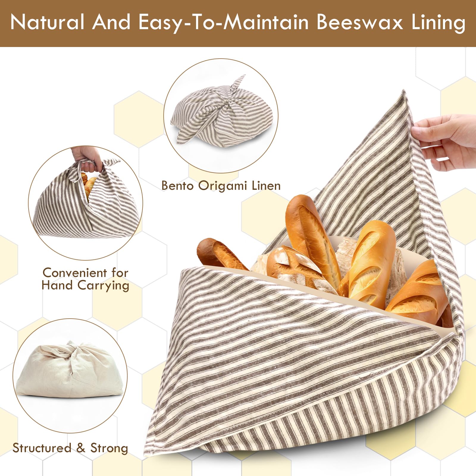 Bienenwachs-Brotbeutel, gestreifte Leinen-Bentobeutel, 35,6 cm, wiederverwendbare Bio-Lebensmittelaufbewahrung, Sauerteigbeutel, rustikaler Bauernhof-Azuma-Bukuro-Origami-Verpackung für gebackene