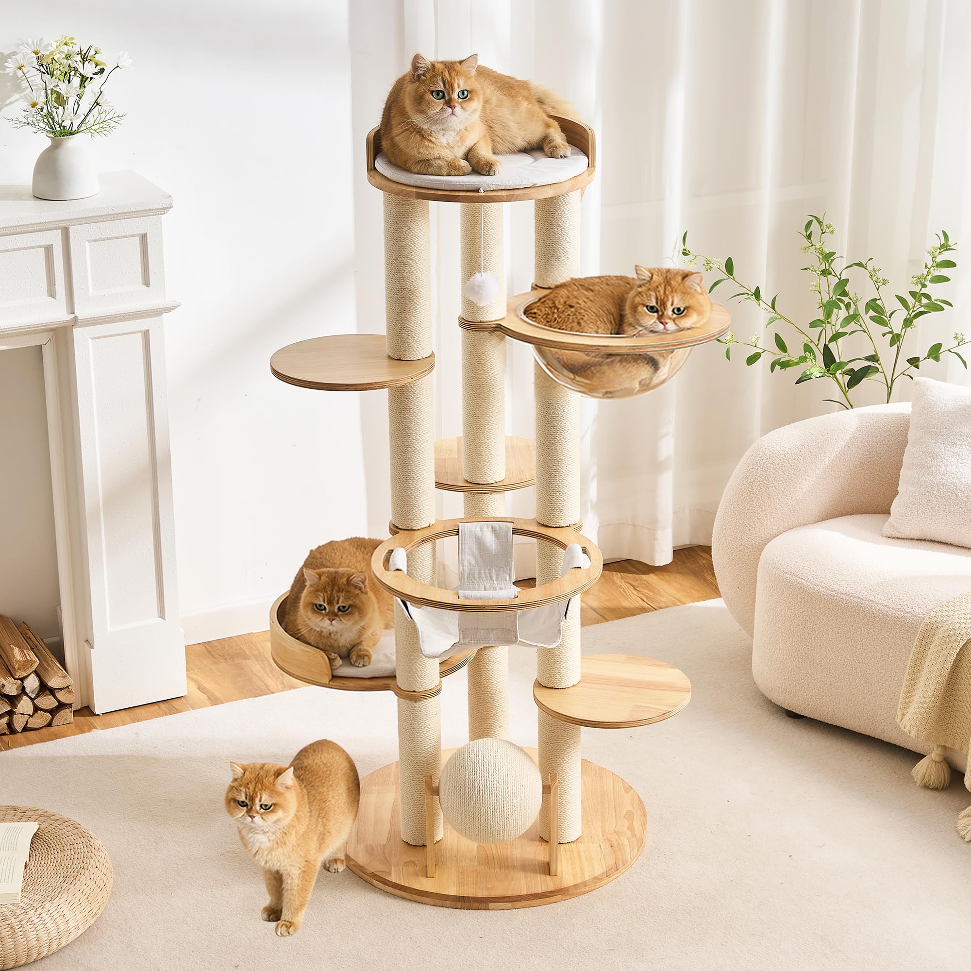 797Audio Modern Solid Wood Cat Tree Tower, 54" Tall Cat Tree with Scratching Posts, Capsule&Hammock, Luxury Natural Oak Wood Cat Tower, Aesthetic Multi-Level Cat Climbing Tree for Large Indoor Cats