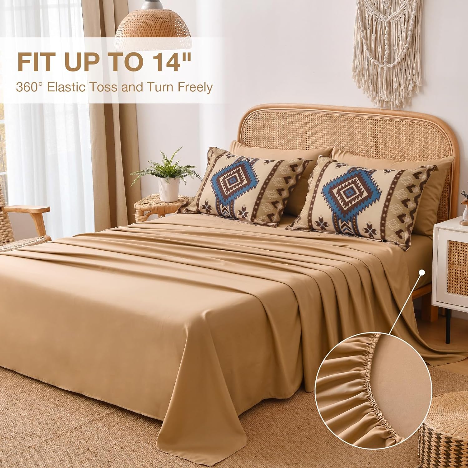 Menghomeus Queen Size Brown Comforter Set, 7 Pieces Boho Aztec Bed in a Bag, All-Season Bedding Set with Sheets & Pillow Shams, Bohemian Geometric Striped Pattern - Image 5