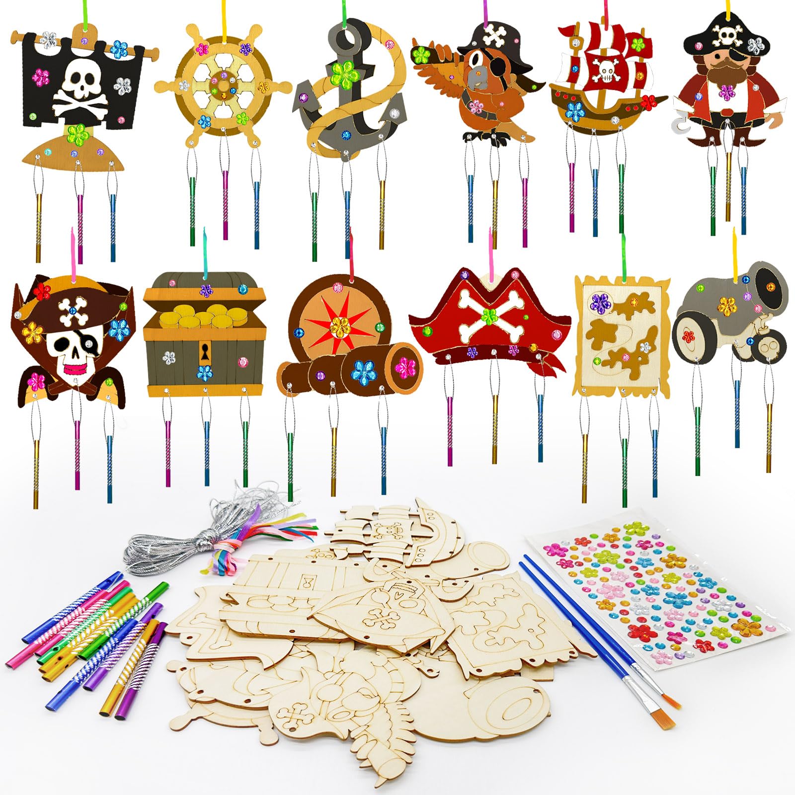 12 Pack Pirate Wind Chime Activities Kits,Pirate Party Favors Nautical Craft Wind Chime Kit Wooden Paint Arts DIY Coloring Craft for Skull Crew Pirates Parrot Treasures Party Art Activity Supplies