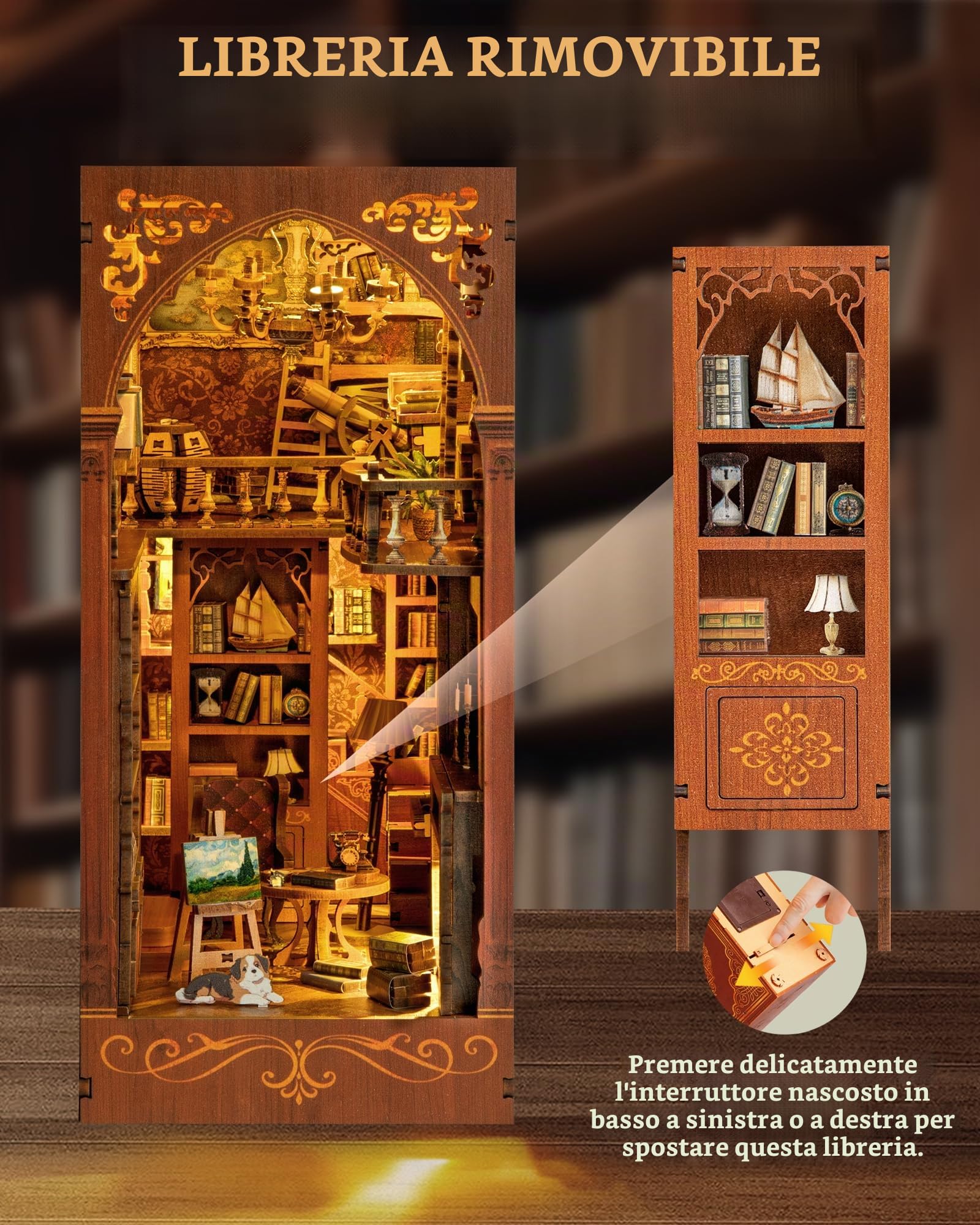 DIY Biblioteca Book Nook Kit, Casa Delle Bambole in miniatura con Libreria Estraibile, Booknook Inserto per libreria Vicolo dei decori,Kit Casa in Miniatura con Luce a Led per Adulti oltre i 14 Anni