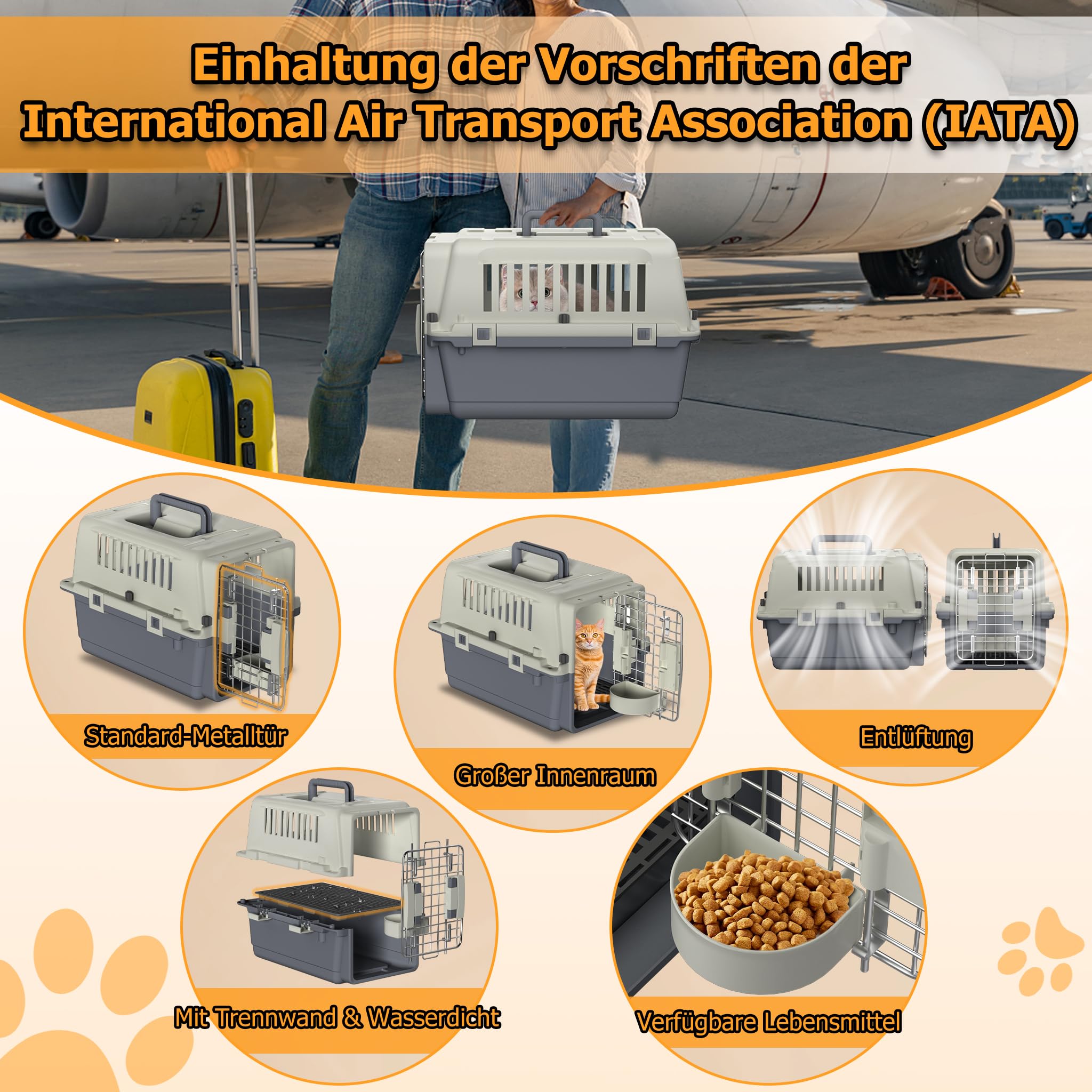 YRHome Boîte de transport pour chiens et chats - Caisse de transport pour les voyages en avion - Avec fenêtre en plastique, porte en fer, bol et plateau à couches et poignée - 60 x 40 x 40 cm - Charge